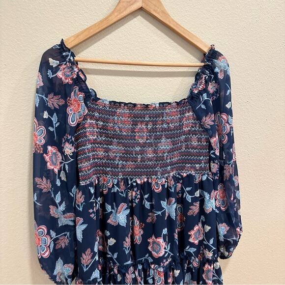 NWT Sachin & Babi Blue Floral Square Neck Smocked Long Sleeve Mini Dress Small - Picture 8 of 11